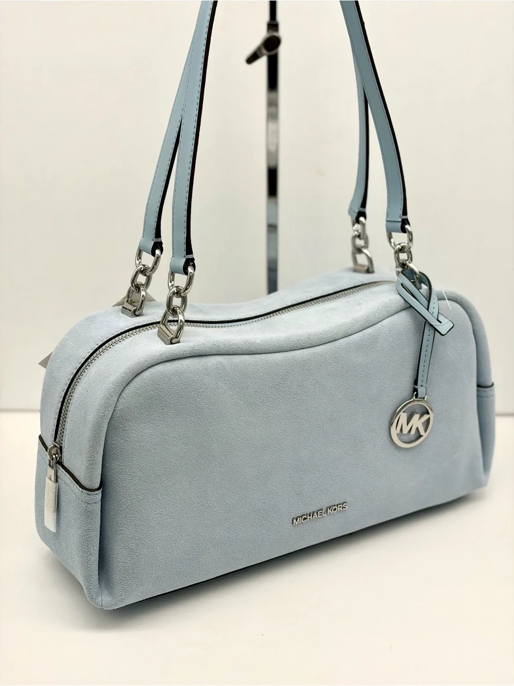 Michael Kors Light Blue Suede Shoulder Bag with Silver Hardware